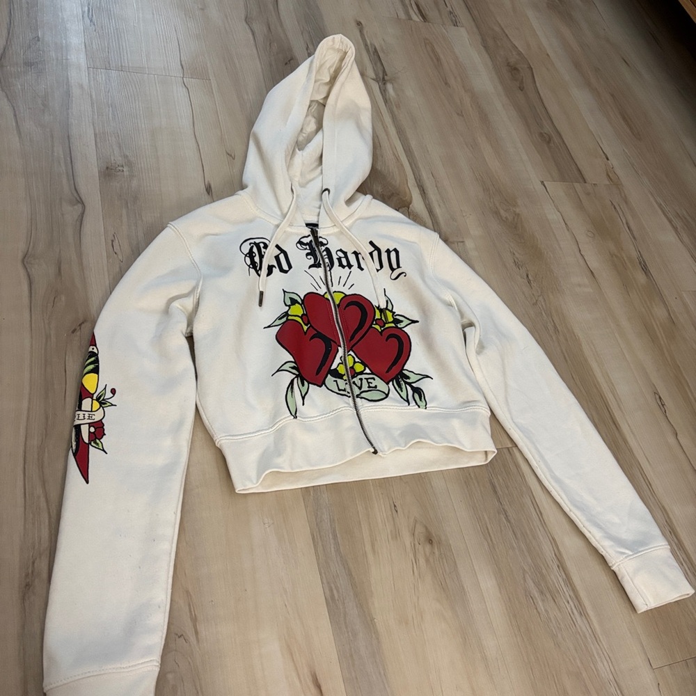 Ed Hardy Cropped White Hoodie with Red Heart Design